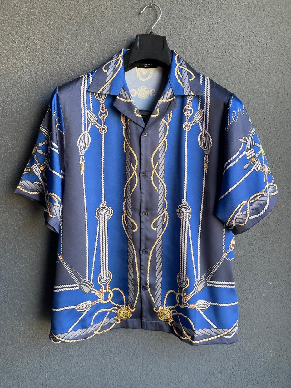 Versace Men's Blue Baroque Rope Print Button-Up Camp Collar Shirt Large